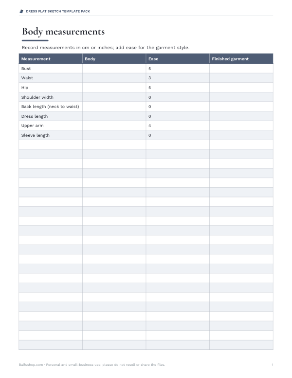 Preview of Printable Dress Measurement Sheet